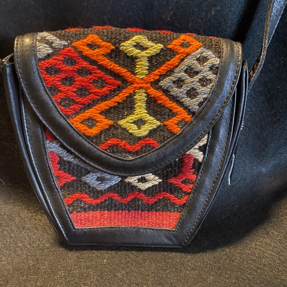 Vintage Kilim and Black Leather Crossbody Handbag